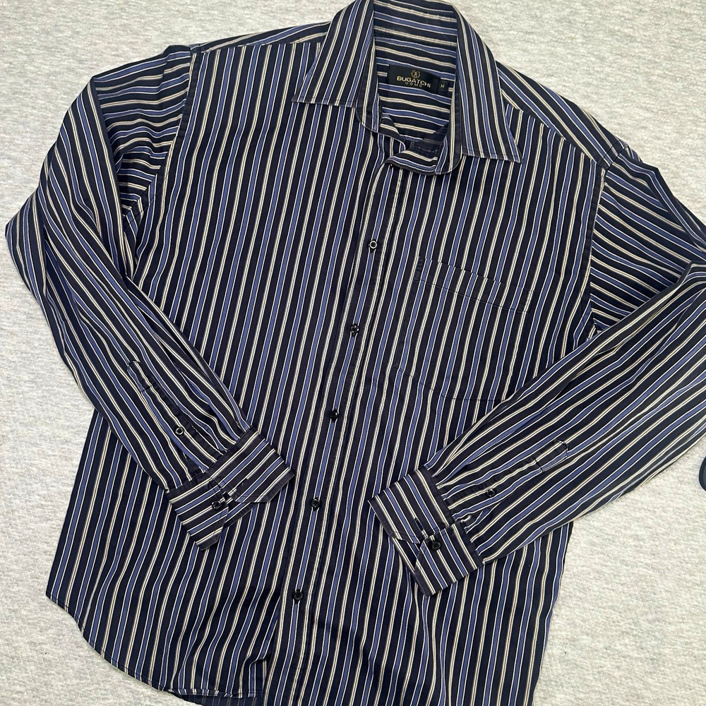 Bugatchi Uomo Men's M Regular Blue White Striped Cotton Woven Non-Iron Shirt